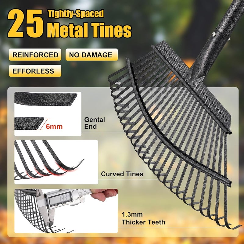Lilyvane Garden Rake for Leaves: 18” Wide Metal Leaf Rake, 65” Long Adjustable Handle, Heavy Duty 25 Teeth, Fast Kids Women Large Lawn Yard Garden Leaf Cleanup Gardening Rakes: Grass,Debris,Pine Needles Pick - Image 4